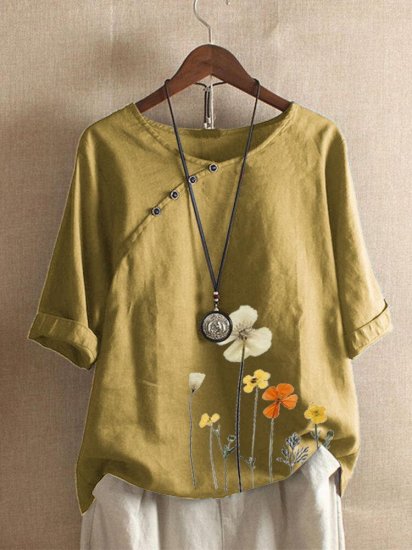 Floral Printed Button O-neck Half Sleeve T-shirt - Click Image to Close