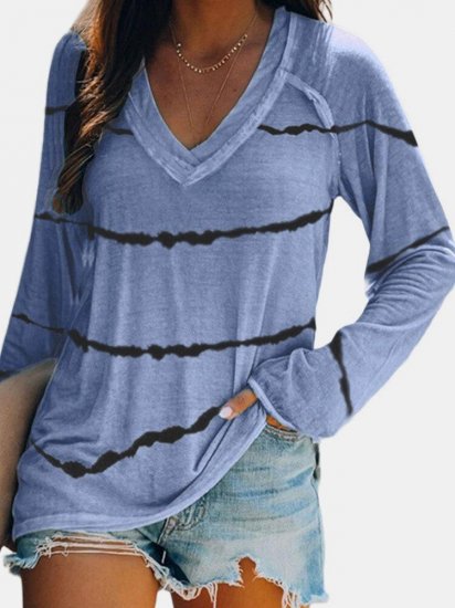 Striped Long Sleeve V-neck T-shirt For Women - Click Image to Close