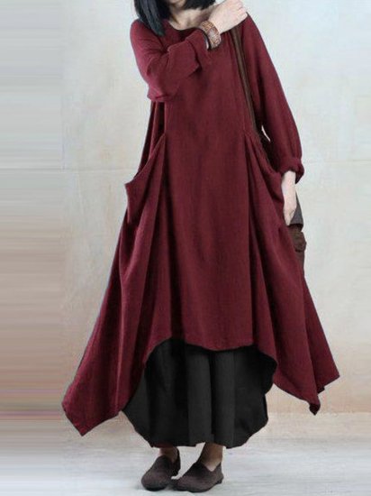 Loose Asymmetrical Crew Neck Pocket Vintage Dress - Click Image to Close