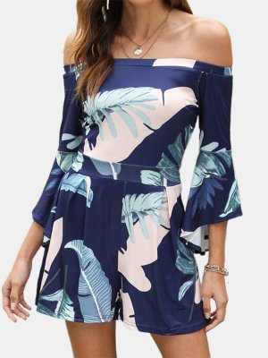 Leaves Print Off-shoulder Ruffle Short Casual Romper for Women