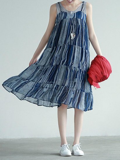 Stripe Patchwork Spaghetti Strap Vintage Mid-calf Dresses - Click Image to Close