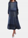 Plaid Print Pockets O-neck Long Sleeve Casual Dress