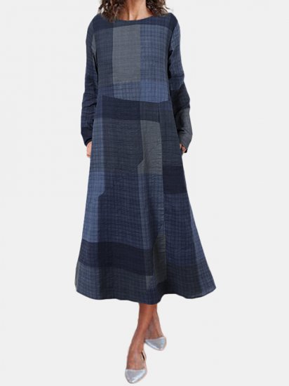 Plaid Print Pockets O-neck Long Sleeve Casual Dress - Click Image to Close