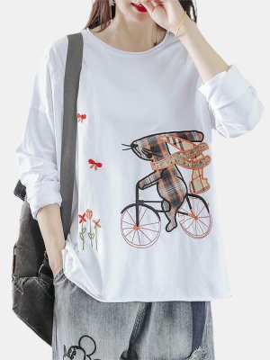 Cartoon Embroidery Long Sleeve O-neck T-shirt For Women