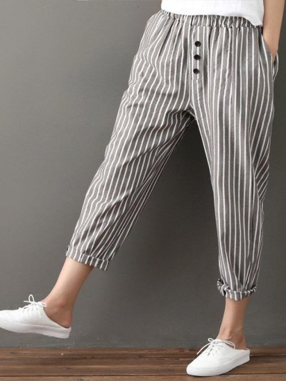 Buttons Stripe Elastic Waist Pockets Casual Harem Pants - Click Image to Close