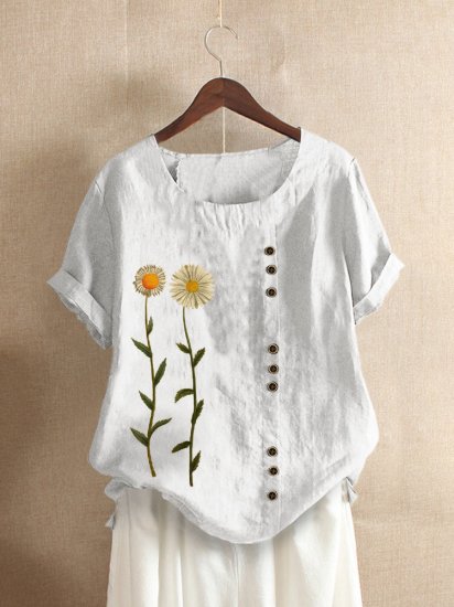 Floral Printed Short Sleeve O-Neck T-shirt For Women - Click Image to Close