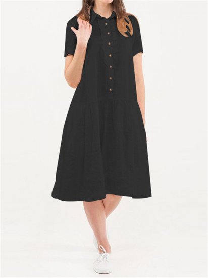 Vintage Button Solid Color Short Sleeve Dress - Click Image to Close