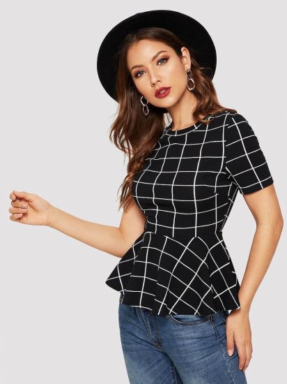 Grid Print Peplum Hem Blouse - Click Image to Close