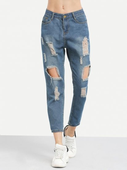 Distressed Boyfriend Ankle Jeans - Click Image to Close