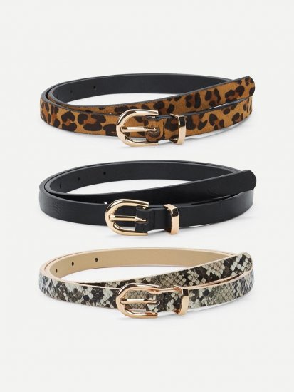 Mix Pattern Metal Buckle Skinny Belt 3pack - Click Image to Close