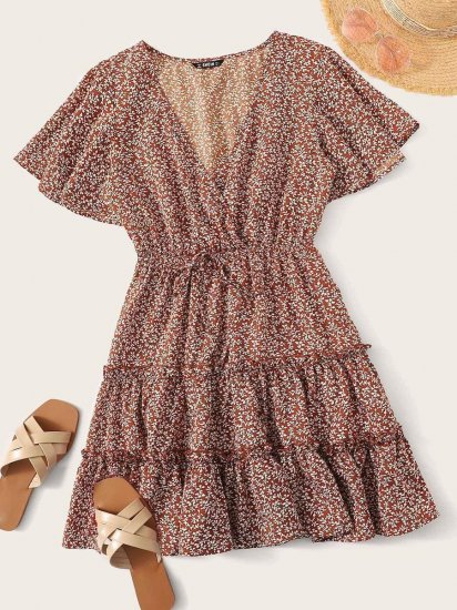 Flutter Sleeve Wrap Front Ditsy Floral Dress - Click Image to Close