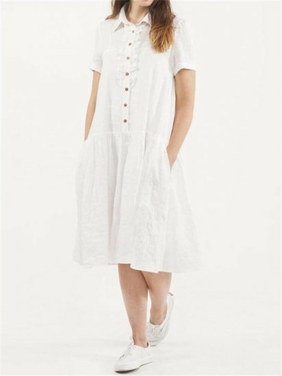 Vintage Button Solid Color Short Sleeve Dress - Click Image to Close