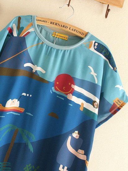 Short Sleeve Cartoon Print Patchwork O-neck Casual T-shirts - Click Image to Close