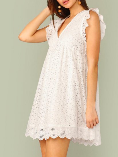 Ruffle Armhole Eyelet Embroidered Smock Dress - Click Image to Close