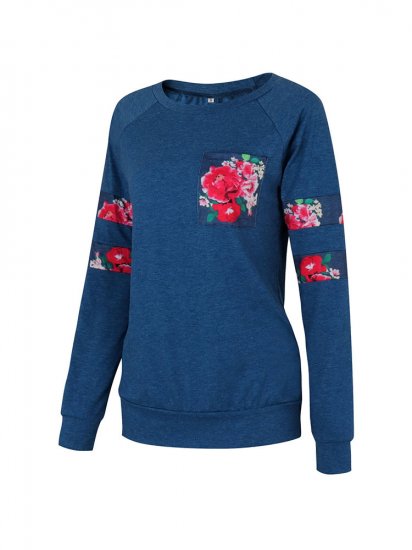 Casual Floral Print Patchwork Long Sleeve O-neck Women T-shirts - Click Image to Close