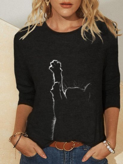 Cat Print Long Sleeves O-neck Casual T-shirt For Women - Click Image to Close