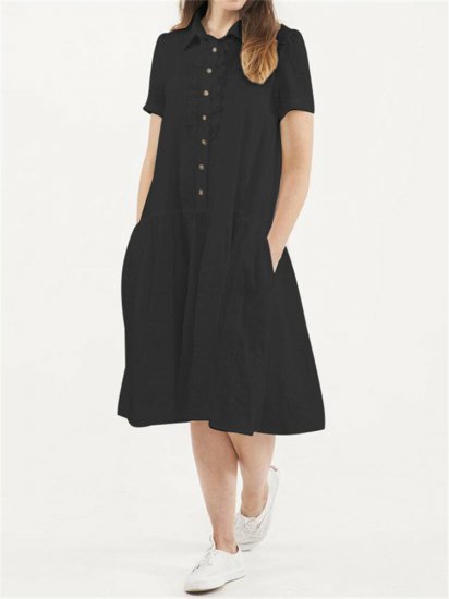 Vintage Button Solid Color Short Sleeve Dress - Click Image to Close