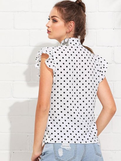 Ruffle Armhole Tie Neck Polka Dot Top - Click Image to Close