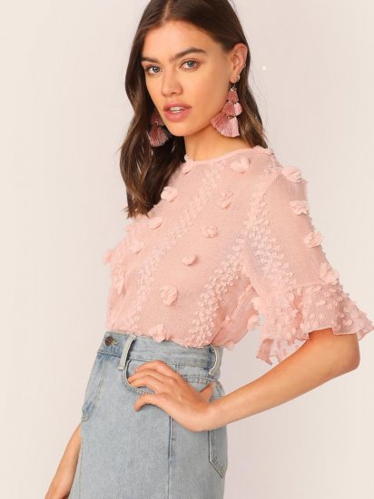 3D Appliques Ruffle Cuff Top - Click Image to Close