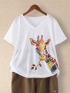 Giraffe Printed Short Sleeve V-neck T-shirt For Women