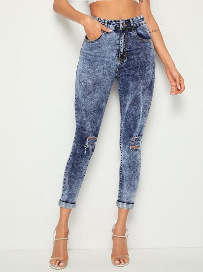 Ripped Cuffed Hem Flakes Skinny Jeans - Click Image to Close