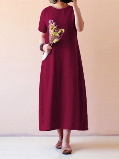 Pure Color Short Sleeve Long Maxi Vintage Dresses - Click Image to Close