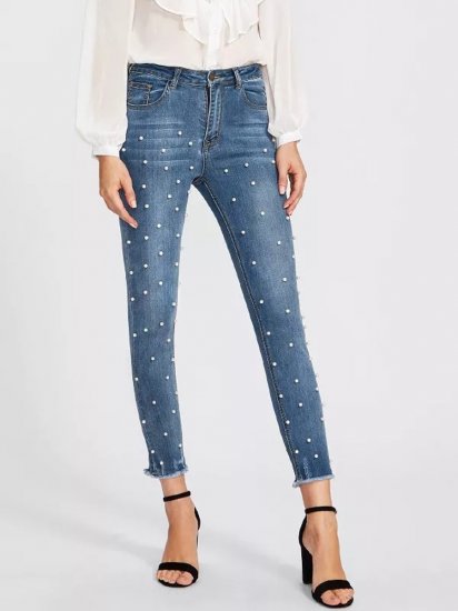 Pearl Beaded Frayed Hem Jeans - Click Image to Close