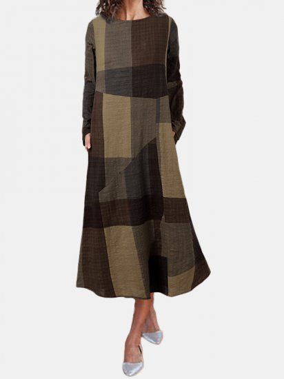 Plaid Print Pockets O-neck Long Sleeve Casual Dress - Click Image to Close