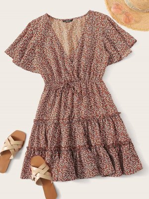 Flutter Sleeve Wrap Front Ditsy Floral Dress