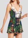 Leaves Print Floral Lace V-neck Sleeveless Sexy Casual Strap Romper for Women