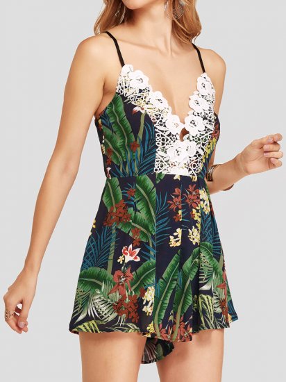 Leaves Print Floral Lace V-neck Sleeveless Sexy Casual Strap Romper for Women - Click Image to Close