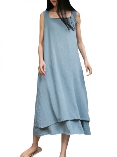 Sleeveless Pure Color Drawstring Layered Vintage Dresses - Click Image to Close