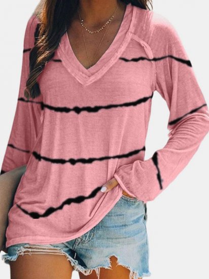 Striped Long Sleeve V-neck T-shirt For Women - Click Image to Close