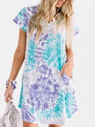 Tie-dyed Print Short Sleeve V-neck Casual Dress For Women