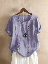 Floral Embroidery Short Sleeve O-neck T-shirt For Women