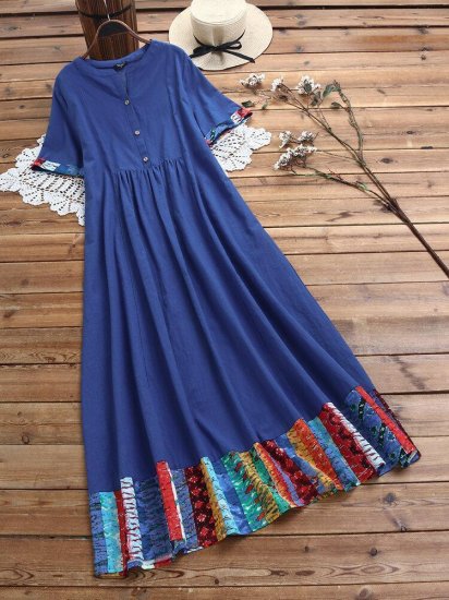 Vintage Patchwork Notch Neck Short Sleeve Button Maxi Dress - Click Image to Close