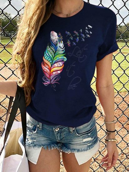 Feather Dragonfly Print Short Sleeve Casual T-shirt For Women - Click Image to Close