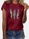 Feather Print Short Sleeves O-neck Casual T-shirt For Women