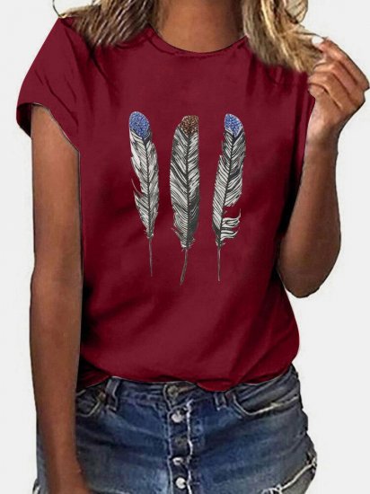 Feather Print Short Sleeves O-neck Casual T-shirt For Women - Click Image to Close