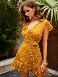 Polka Dot Ruffle Trim Wrap Dress