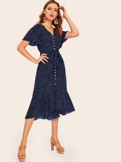 Ruffle Hem Polka Dot Belted Tea Dress - Click Image to Close