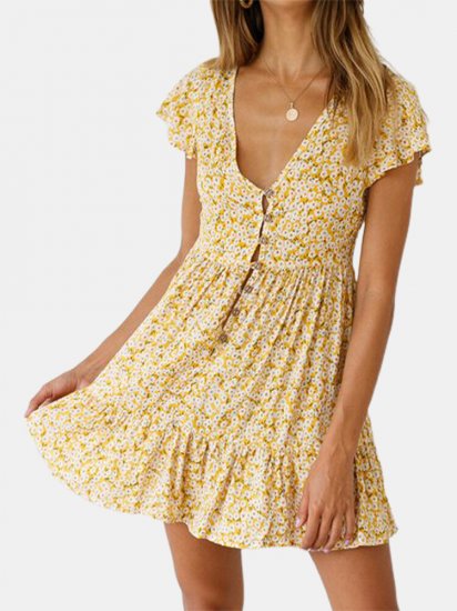 Floral Print Short Sleeve Button Mini Dress For Women - Click Image to Close