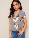 Floral Print V-cut Neck Dip Hem Top