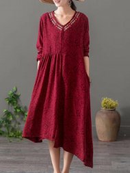 Embroidered Jacquard Asymmetrical Long Sleeve Vintage Dresses