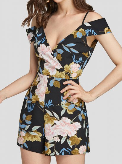 Floral Print V-neck Off-shoulder Short Sleeveless Casual Romper for Women - Click Image to Close