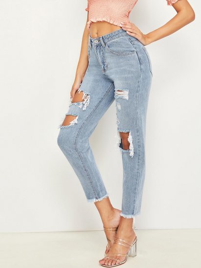 Ripped Raw Hem Crop Jeans - Click Image to Close