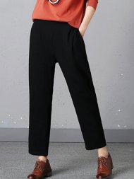 Casual Pure Color Elastic Waist Women Pants With Pockets