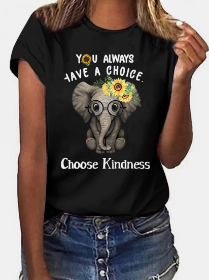 Cartoon Elephant Letter Print Short Sleeve T-shirt For Women - Click Image to Close