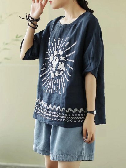 Flower Embroidery Half Sleeve Loose T-shirt For Women - Click Image to Close