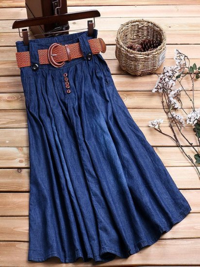 Solid Color Denim Pleated High Waist Vintage Skirts - Click Image to Close